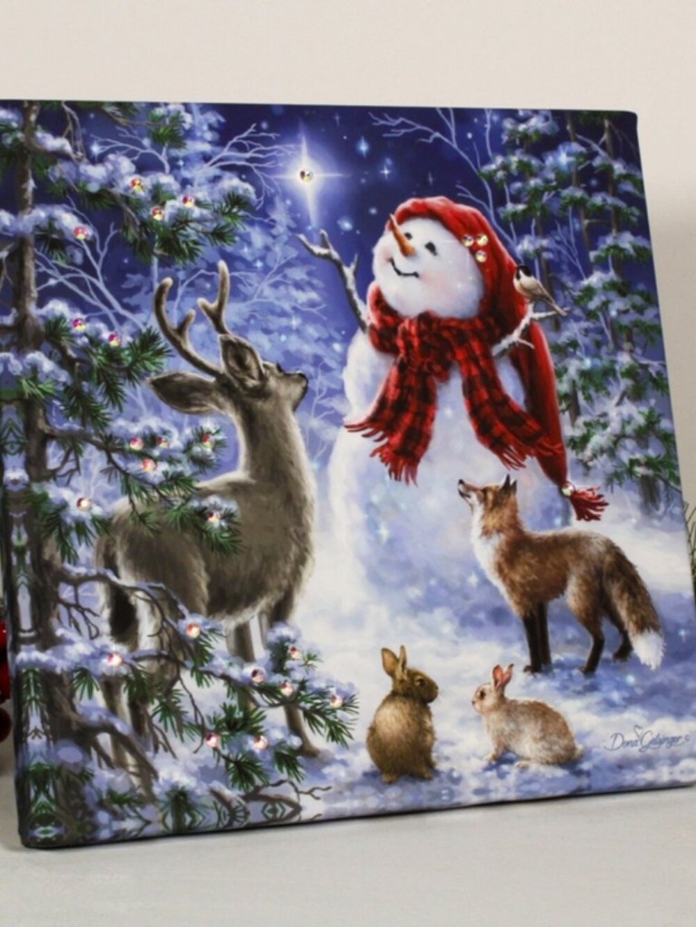 Snowman Heaven and Nature Tabletop Canvas Print with Dazzling Crystals